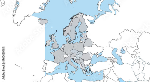 Map of Europe with EU countries highlighted in gray, showing geographical borders