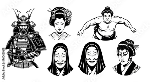 Japanese Culture Icons: Samurai, Geisha, Sumo Wrestler, Kabuki Actors