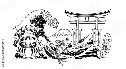 Japanese Icons: Great Wave, Torii Gate, Daruma Doll, Koi Fish, Mt. Fuji