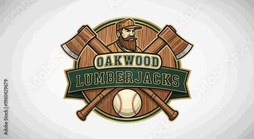 Oakwood Lumberjacks Baseball Team Logo Emblem with Axes and Baseball