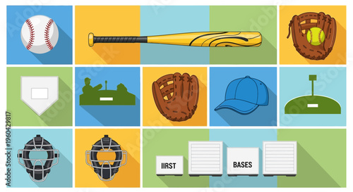 Baseball Equipment Icons Set: Ball, Bat, Glove, Cap, Bases, Mask, Field Elements