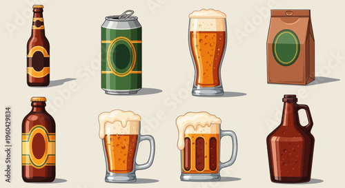 Beer Variety: Bottles, Can, Glass, Mug, and Growler on Beige Background