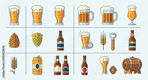 Beer Icons Set: Glasses, Bottles, Cans, Hops, Wheat, Barrel, Opener