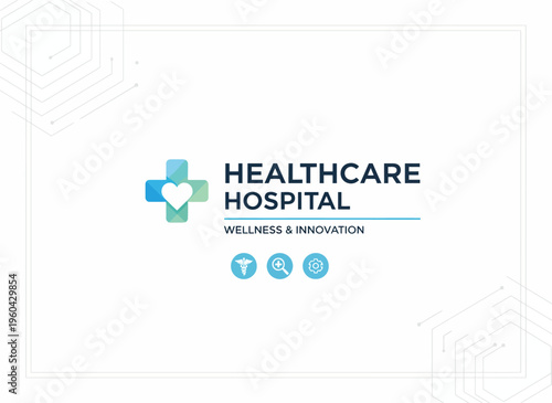 A modern hospital logo features a blue and green cross with a heart, symbolizing wellness and innovation in healthcare.