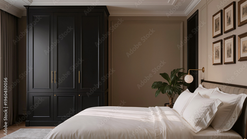 Fototapeta premium Elegant Modern Bedroom Featuring Large Black Wardrobe and Neutral Decor
