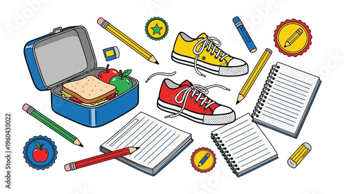 School Supplies Arrangement: A vibrant assortment of school essentials scattered across a backdrop, capturing the essence of the learning experience.
