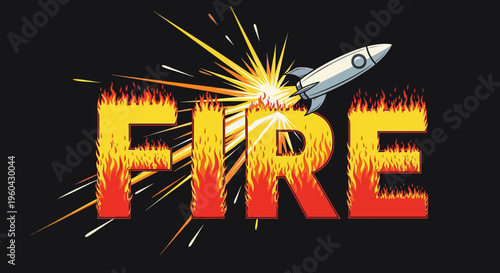 Rocket Launching Through Fiery 'FIRE' Text, Explosive Speed and Power