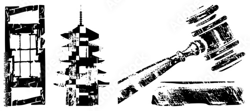 Vector illustration of urban building, traditional, and judicial gavel with distressed texture, legal and architectural symbols, design, graphic elements.