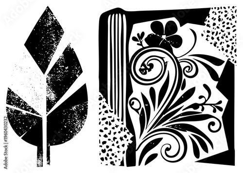 Stylized leaf with speckled texture and ornate book design, halftone, graphic art, vector silhouette, decorative motifs, vintage typography, printmaking style.