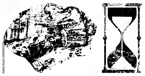 Grunge styled hourglass and clock, distressed vintage design, retro timepiece symbols, vector art, aged texture effect.