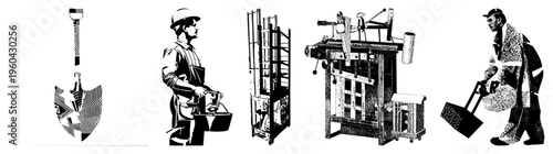 Construction worker holding blueprint, shovel with halftone, scaffold, crane, dump truck, laborer in hard hat, vector, isolated elements, engineering tools, site equipment.