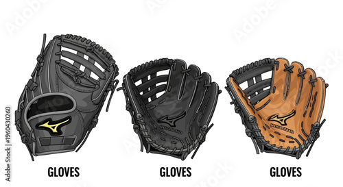Three baseball gloves on a white background, different colors and sizes