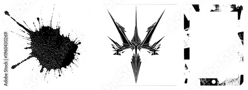 Dynamic ink blot texture, symmetrical starburst graphic, distressed frame border vector elements for design. Black ink splatter, stylized emblem, grunge composition.