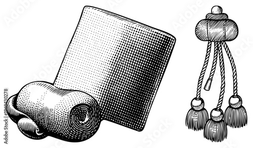 Antique parchment scroll with rolled end, accompanied by decorative tassel with rope strands and fringed tips, rendered in halftone dot shading and fine art.