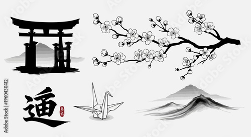 Japanese Torii Gate, Cherry Blossoms, Crane, and Mountains - Traditional Art