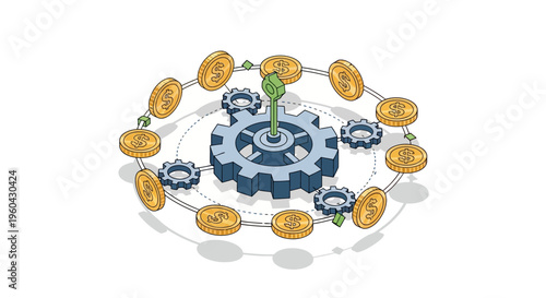 Financial Growth Mechanism: Gears, Coins, and Plant Symbolizing Investment and Profit