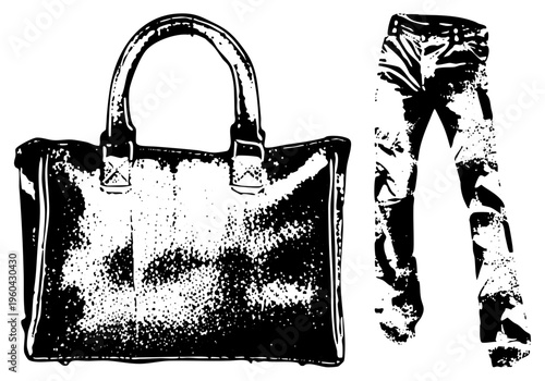 Black and white halftone vector illustration of a fashion handbag and jeans, isolated apparel set, urban streetwear style, graphic design element.