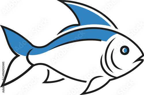 Black silhouette fish vector art with blue fin details, minimal aquatic design in bold marine style