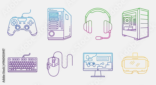 Gaming Setup Icons: Computer, Keyboard, Mouse, VR, Controller, Monitor, Headset