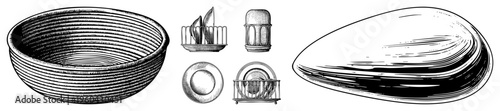 Handwoven basket with concentric stripes, ceramic plates and cutlery in rack, with curved ridges, antique illustration style.