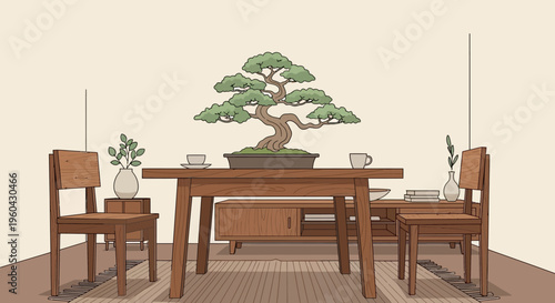Minimalist Dining Room with Bonsai Tree and Coffee Cups