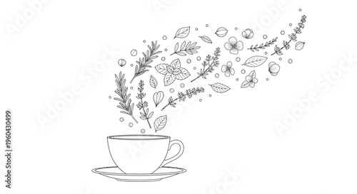 Herbal Tea Infusion: Steaming Cup with Floating Botanical Elements and Flowers