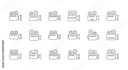Collection of vintage and modern film camera line icons in various styles