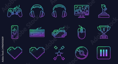 Neon Gaming Icons: Controller, VR, Keyboard, Mouse, Monitor, Trophy, Heart, CD