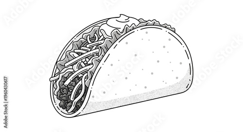 Taco illustration: A black and white line drawing of a taco with fillings and toppings.