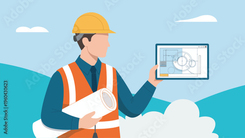 An engineer in a hard hat and safety vest examines a tablet with a blueprint on a sunny day outdoors