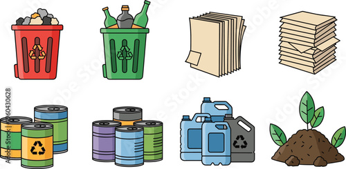 Recycling and Waste Management Vector Set Featuring Trash Bins, Paper Stacks, Cans, Plastic Containers and Compost for Eco Friendly Sustainability Design