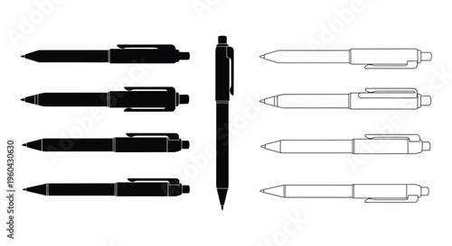 A collection of black and white ballpoint pens displayed in various orientations