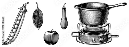 Classic engraved style produce including pea pod, leaf, eggplant, and, alongside a pot on portable burner rustic kitchen elements, hand drawn botanicals, culinary tools.