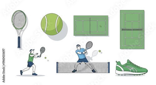 Tennis Set: Racquets, Ball, Courts, Players, Net, and Shoe - Sports Equipment Collection