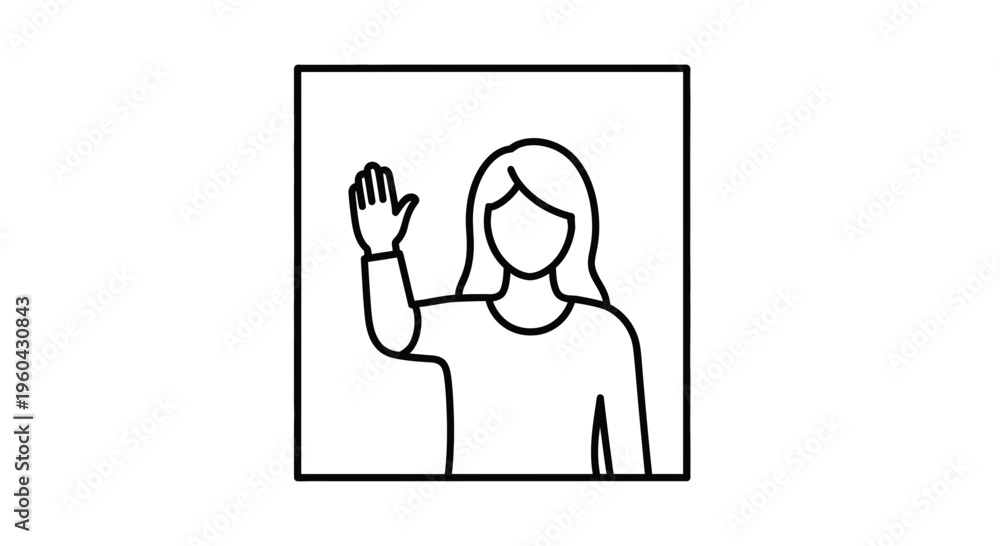 Fototapeta premium Person waving hello inside a square frame, simple line art icon