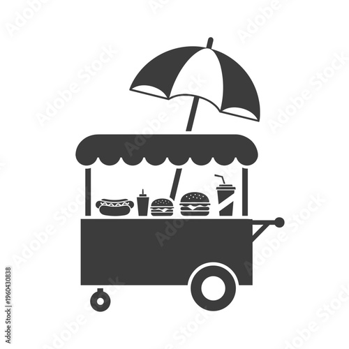 Food cart with burgers and umbrella.