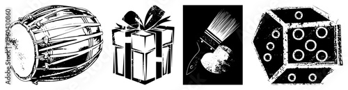 Black and white vector drum with lacing, gift box with bow, paintbrush, dice with dots. Flat graphic style, isolated elements for design use.