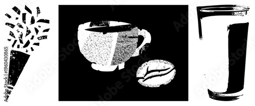 Coffee cup with halftone shading, coffee bean, beverage glass, vector, illustration, caffeine themed graphic, stylized drink elements.