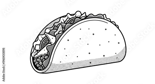 Taco illustration, Mexican food, fast food, black and white line art, simple drawing