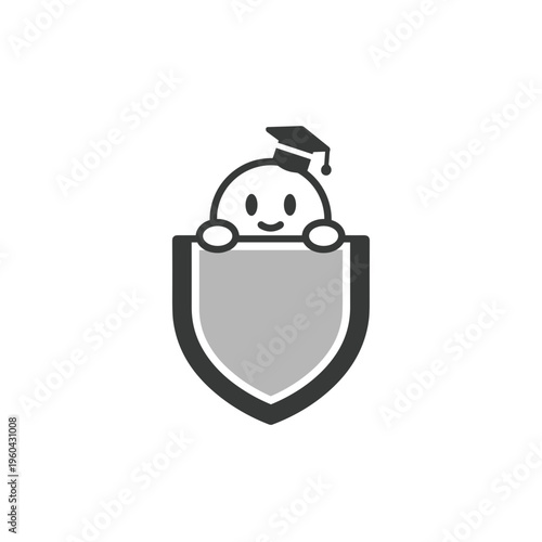 Graduated cartoon character with shield.