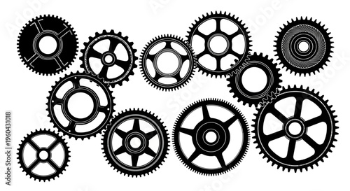 Vintage Gears and Cogs Black and White Illustration - Industrial Machine Parts