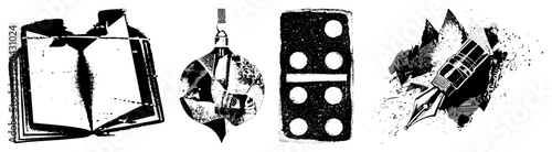 Black and white halftone graphic with book, ornament,, and fountain pen, stylized vintage vector art, isolated elements, creative illustration set.