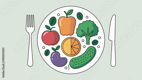 A colorful illustration of a healthy meal on a plate with fruits and vegetables, ready to be eaten with a fork and knife.
