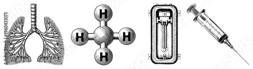 Respiratory system anatomy, hydrogen atom diagram, electromagnetic device, medical injection tool, scientific illustration set, isolated symbols.