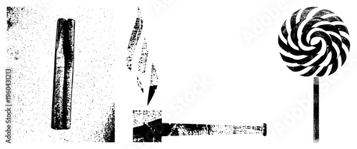 Grungy black and white vector featuring a textured cigar, smoke plumes, and a spiral lollipop, all with halftone grain and isolated design.