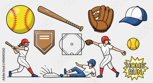 Baseball and Softball Sports Equipment and Players Illustration