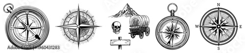 Antique pocket compasses with directional markings, wagon trail, skull and sign, mountain backdrop, navigation tools, adventure symbols.