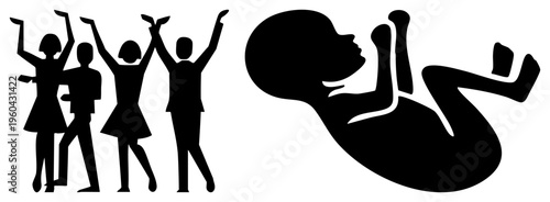 Joyful people raising arms in celebration, stylized group silhouette, fetal baby, prenatal symbol, maternity, human development graphic.