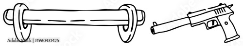 Sketch style gun and barrel assembly, firearm, weapon, firearm schematic, black and white art, isolated graphic elements.