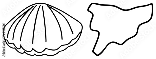 Two minimalist shapes scallop with ribbed texture and irregular organic form, both in black art, ideal for design projects, flat vector graphics, clean aesthetic.